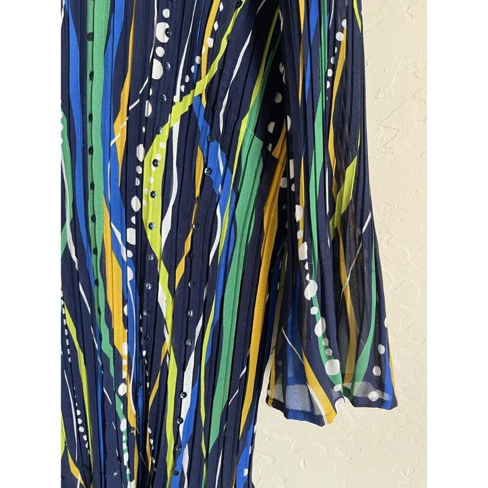 Maggie Barnes 1X Crinkle Collared Button Front Long Sleeve Shirt Cobalt Blue Yel